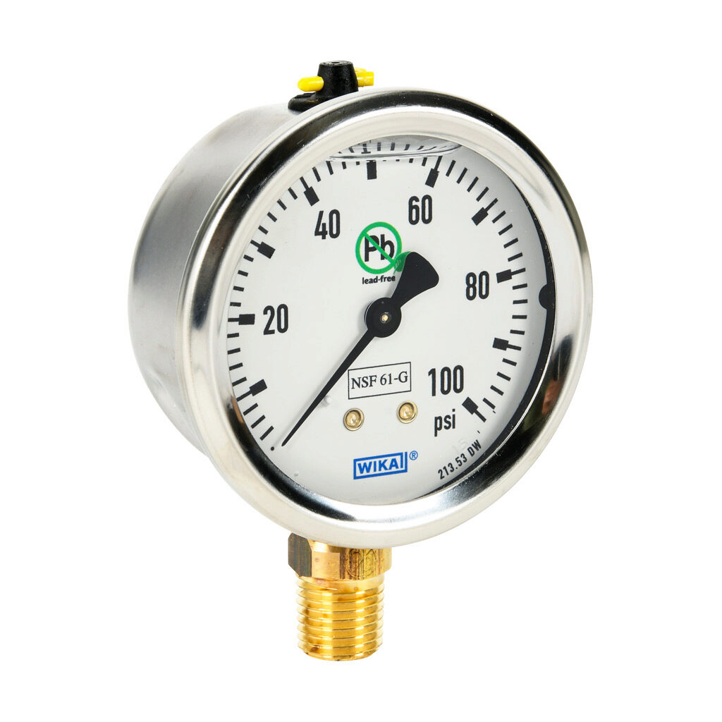 76250367 - WIKA 213.53DW mechanical pressure gauge, 2.5in diameter, 0 to 100 psig, stainless steel liquid filled case, lead-free brass wetted parts, 1/4in male NPT process connection, lower mount, NSF/ANSI 61 and NSF 372.