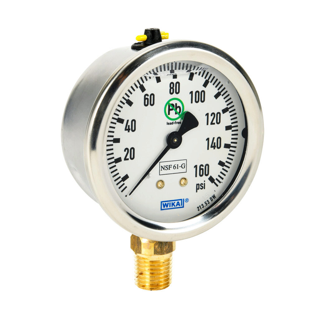 76250368 - WIKA 213.53DW mechanical pressure gauge, 2.5in diameter, 0 to 160 psig, stainless steel liquid filled case, lead-free brass wetted parts, 1/4in male NPT process connection, lower mount, NSF/ANSI 61 and NSF 372.