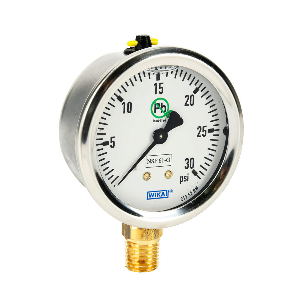 76250372 - WIKA 213.53DW mechanical pressure gauge, 2.5in diameter, 0 to 30 psig, stainless steel liquid filled case, lead-free brass wetted parts, 1/4in male NPT process connection, lower mount, NSF/ANSI 61 and NSF 372.