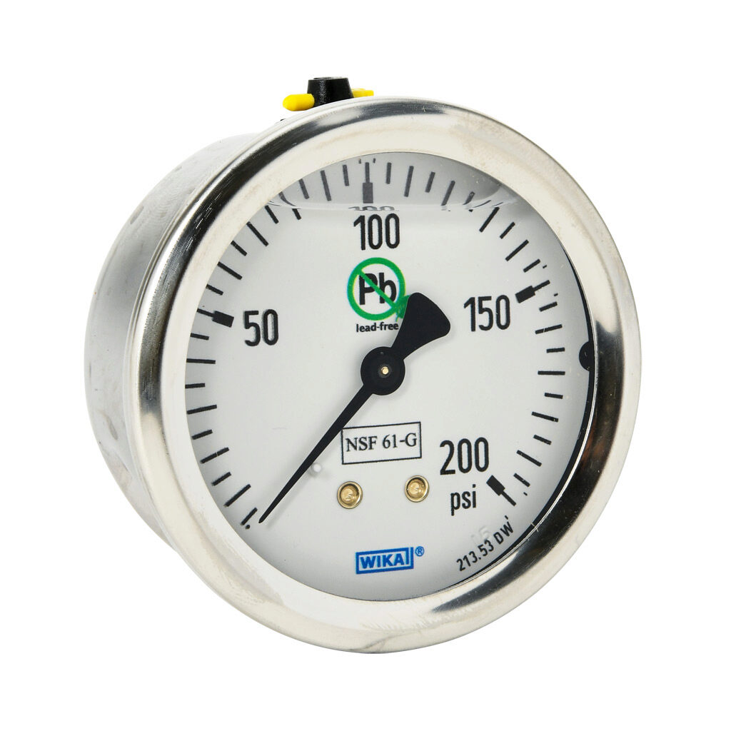 76250374 - WIKA 213.53DW mechanical pressure gauge, 2.5in diameter, 0 to 200 psig, stainless steel liquid filled case, lead-free brass wetted parts, 1/4in male NPT process connection, center back mount, NSF/ANSI 61 and NSF 372.