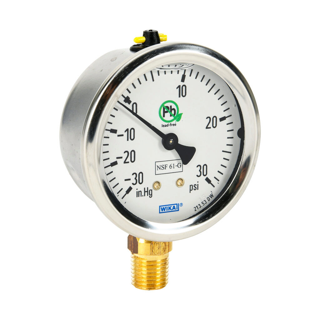 76250375 - WIKA 213.53DW mechanical pressure gauge, 2.5in diameter, -30in Hg vacuum to 30 psig, stainless steel liquid filled case, lead-free brass wetted parts, 1/4in male NPT process connection, lower mount, NSF/ANSI 61 and NSF 372.