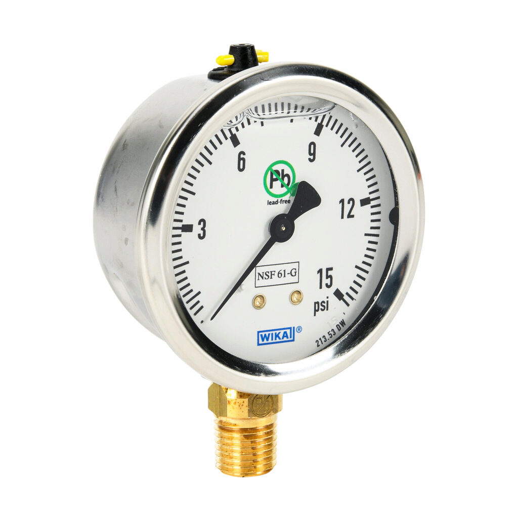 76250377 - WIKA 213.53DW mechanical pressure gauge, 2.5in diameter, 0 to 15 psig, stainless steel liquid filled case, lead-free brass wetted parts, 1/4in male NPT process connection, lower mount, NSF/ANSI 61 and NSF 372.