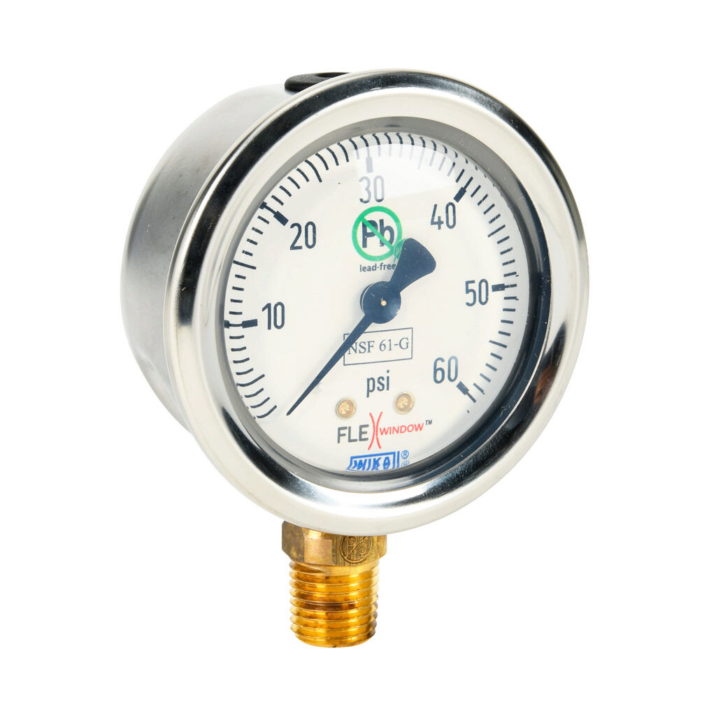 AutomationDirect 76250387 - WIKA 213.53DW mechanical pressure gauge, 2.5in diameter, 0 to 60 psig, FlexWindow stainless steel liquid filled case, lead-free brass wetted parts, 1/4in male NPT process connection, lower mount, NSF/ANSI 61 and NSF 372.