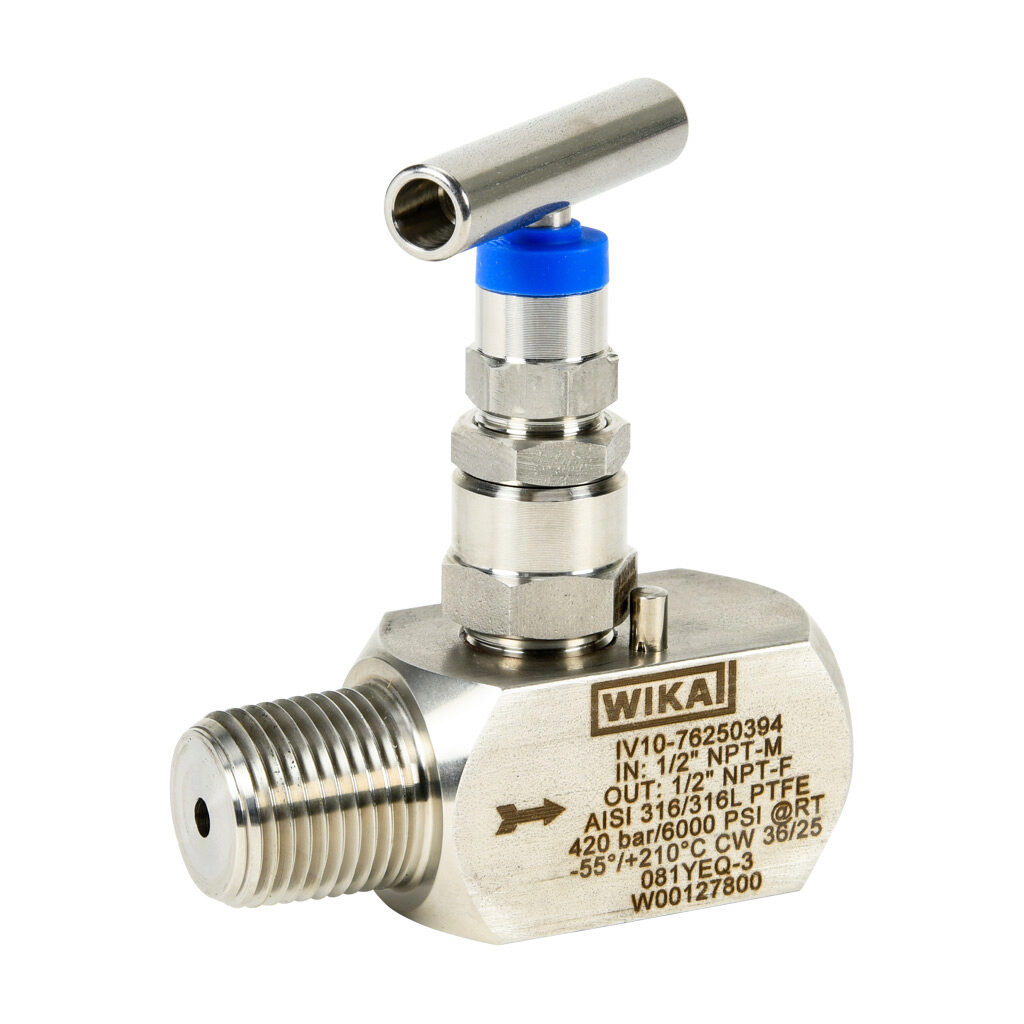 76250394 - WIKA manual isolation and throttling needle valve, straight body hard seat, single handle, 316L stainless steel body, 1/2in male NPT inlet(s), 1/2in female NPT outlet(s).