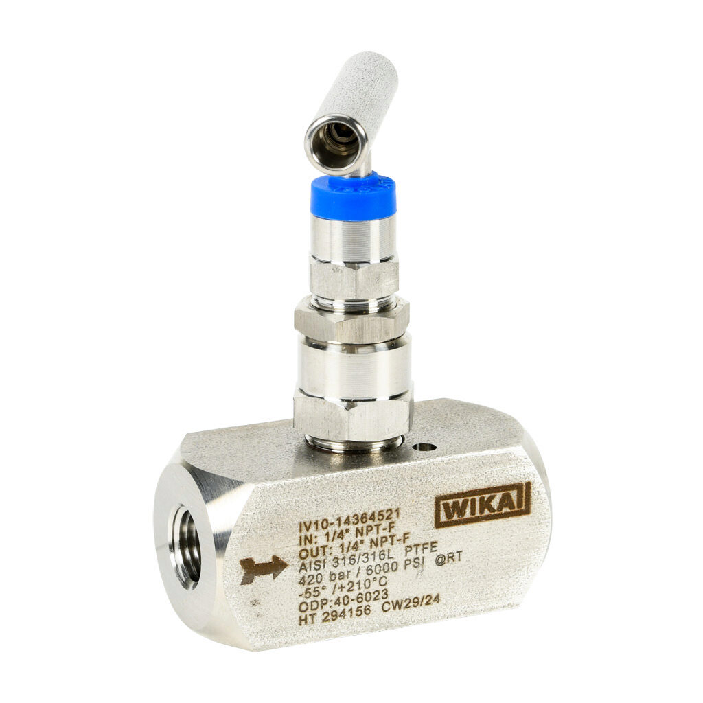 76250396 - WIKA manual isolation and throttling needle valve, straight body hard seat, single handle, 316L stainless steel body, 1/4in female NPT inlet(s), 1/4in female NPT outlet(s).