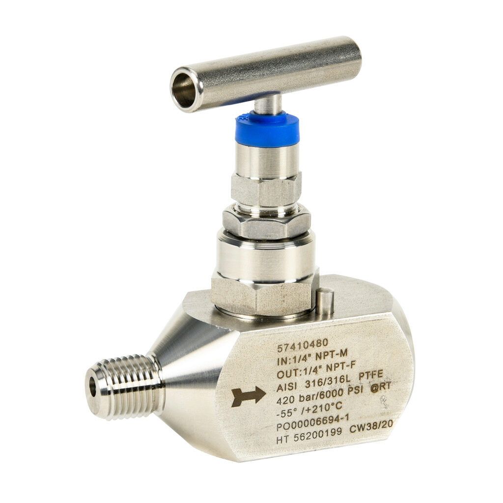 76250398 - WIKA manual isolation and throttling needle valve, straight body hard seat, single handle, 316L stainless steel body, 1/4in male NPT inlet(s), 1/4in female NPT outlet(s).