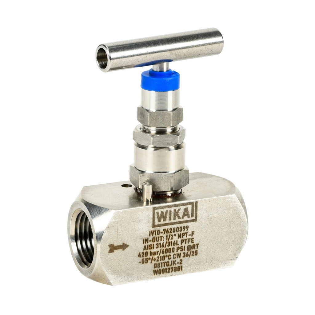 76250399 - WIKA manual isolation and throttling needle valve, straight body hard seat, single handle, 316L stainless steel body, 1/2in female NPT inlet(s), 1/2in female NPT outlet(s).