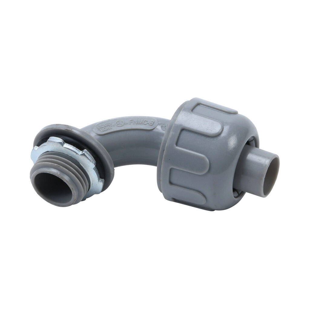 76905B - Halex fitting, liquid-tight, nylon, 90-degree, 1/2in trade size, compression conduit connection, insulated, gray. Package of 10. For use with NM-Type B electrical conduit. Sealing washer and locknut included.
