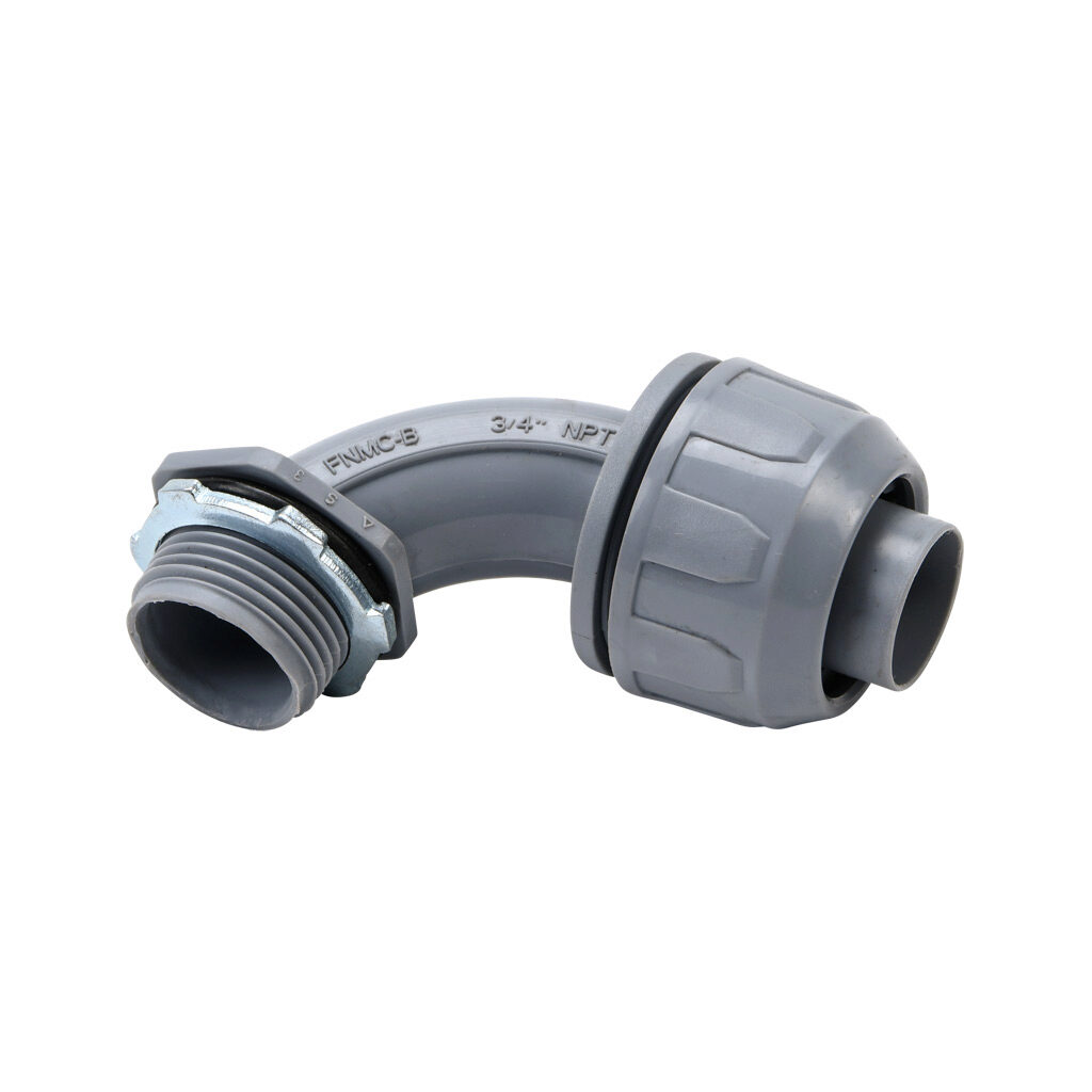 76907B - Halex fitting, liquid-tight, nylon, 90-degree, 3/4in trade size, compression conduit connection, insulated, gray. Package of 10. For use with NM-Type B electrical conduit. Sealing washer and locknut included.