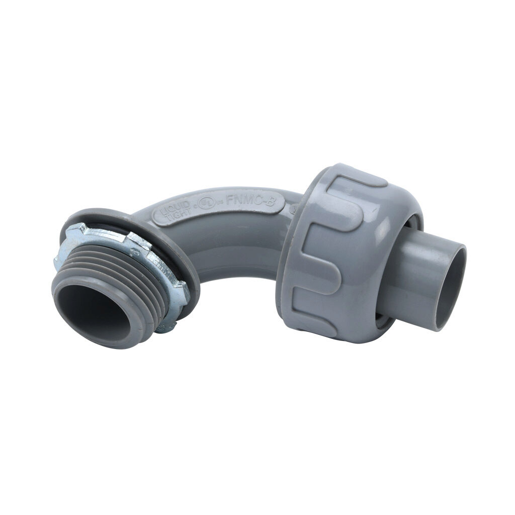 76910B - Halex fitting, liquid-tight, nylon, 90-degree, 1in trade size, compression conduit connection, insulated, gray. Package of 5. For use with NM-Type B electrical conduit. Sealing washer and locknut included.