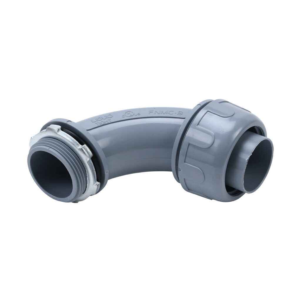 76912B - Halex fitting, liquid-tight, nylon, 90-degree, 1-1/4in trade size, compression conduit connection, insulated, gray. Package of 5. For use with NM-Type B electrical conduit. Sealing washer and locknut included.