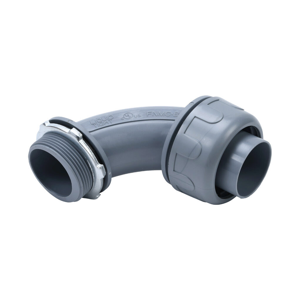 76915B - Halex fitting, liquid-tight, nylon, 90-degree, 1-1/2in trade size, compression conduit connection, insulated, gray. Package of 2. For use with NM-Type B electrical conduit. Sealing washer and locknut included.