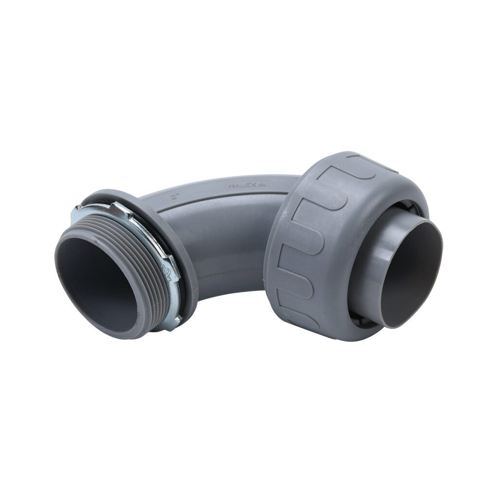 76920B - Halex fitting, liquid-tight, nylon, 90-degree, 2in trade size, compression conduit connection, insulated, gray. Package of 2. For use with NM-Type B electrical conduit. Sealing washer and locknut included.
