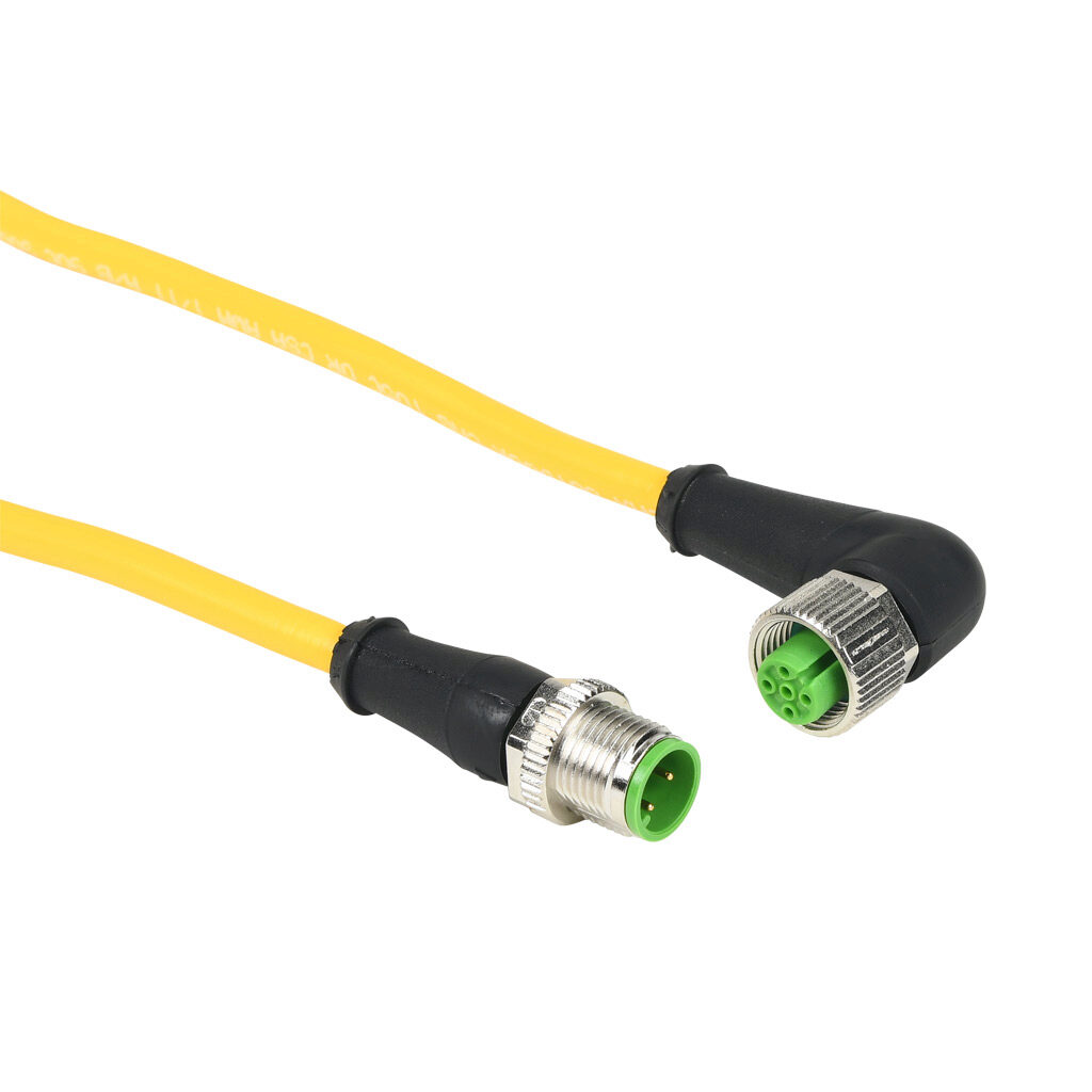 7700-40121-U040200 - Murrelektronik connection cable, M12 axial male A-coded to M12 90-degree female A-coded, 4-pole, 250 VAC/VDC, 4A, 22 AWG, TPE jacket, yellow, unshielded, 6.5ft/2m cable length, IP65 IP66K IP67, sensor & signal.