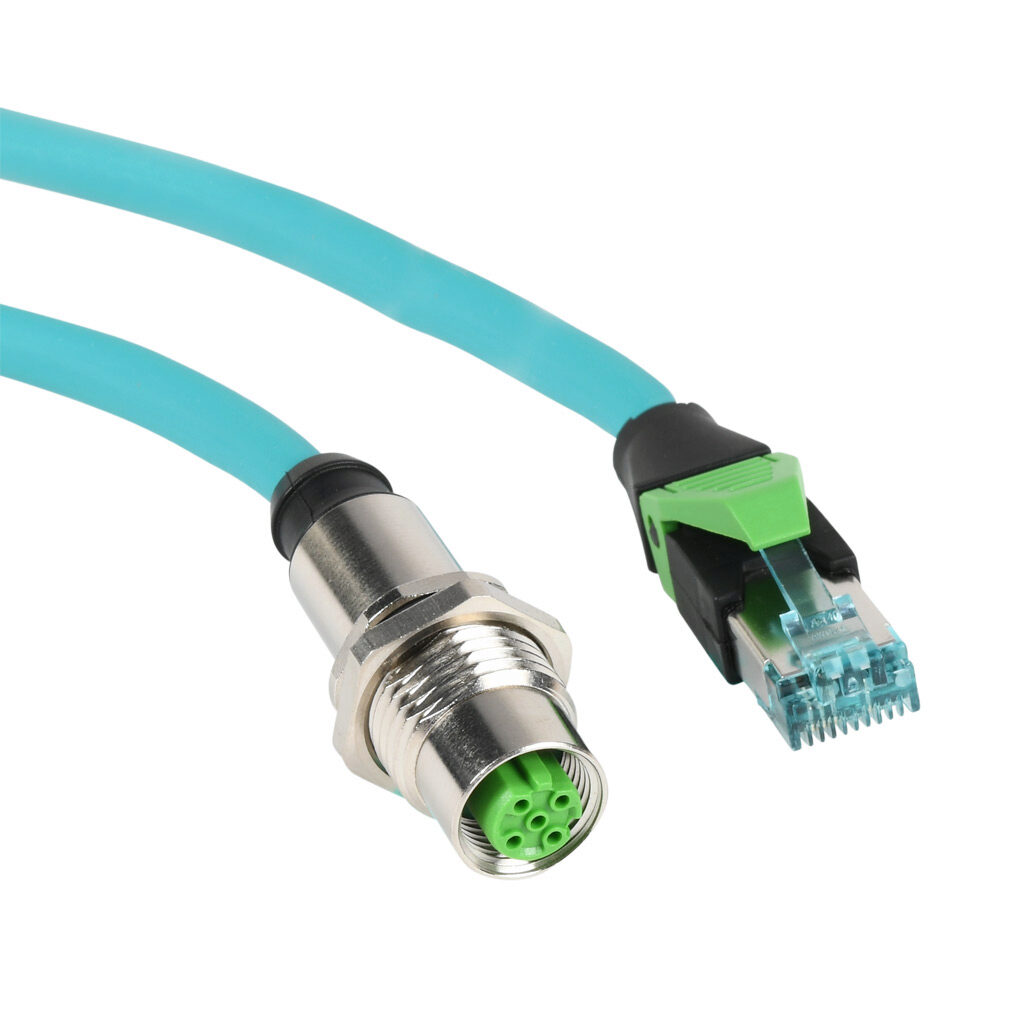 7700-44851-S4U0050 - Murrelektronik Cat5e Ethernet bulkhead connector, M12 axial female D-coded 4-pin to RJ45 axial male 4-pin, shielded, 24 AWG, 1.6ft/0.5m cable length, HDPE conductor insulation material, IP67 (M12) IP20 (RJ45).