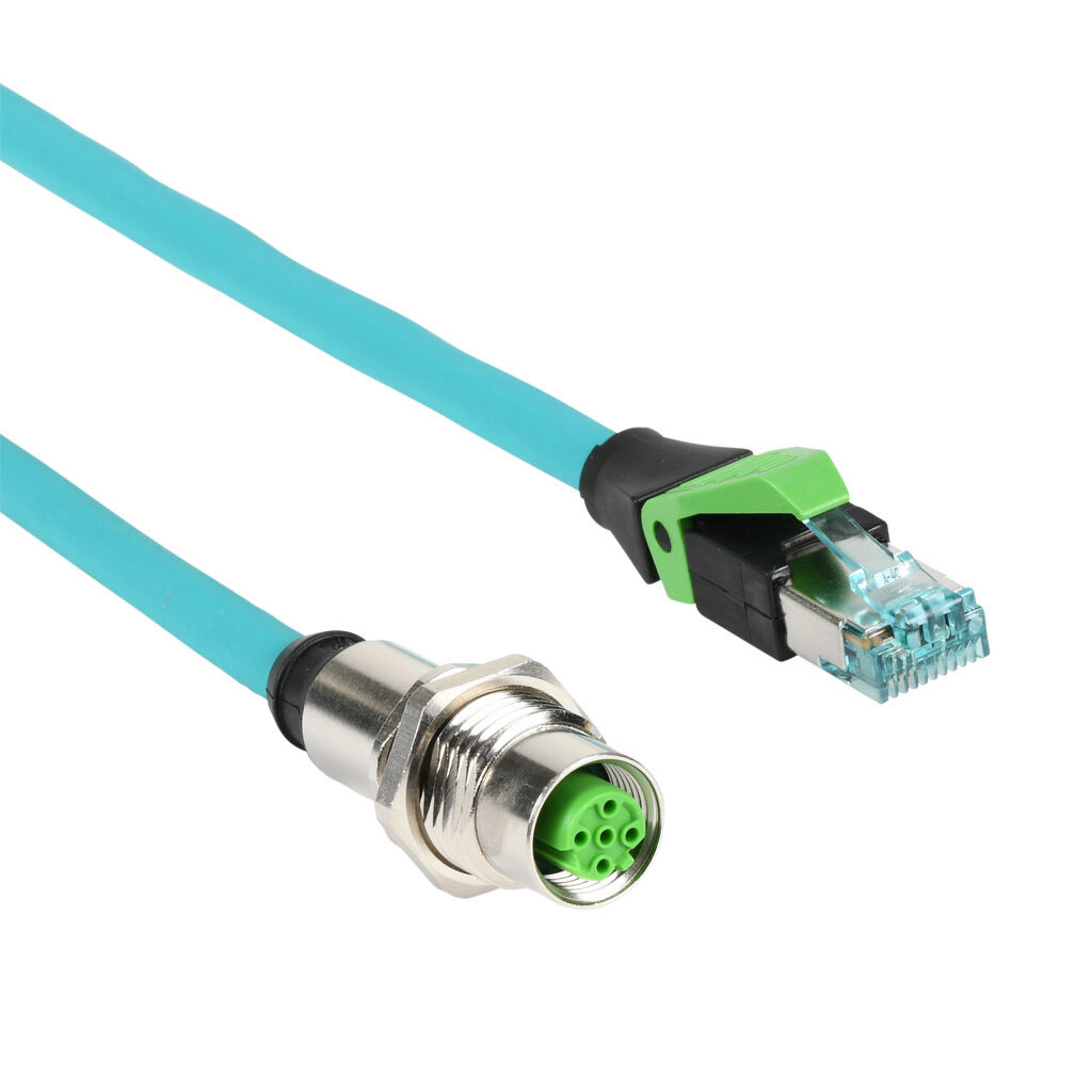 7700-44851-S4U0060 - Murrelektronik Cat5e Ethernet bulkhead connector, M12 axial female D-coded 4-pin to RJ45 axial male 4-pin, shielded, 24 AWG, 1.9ft/0.6m cable length, HDPE conductor insulation material, IP67 (M12) IP20 (RJ45).