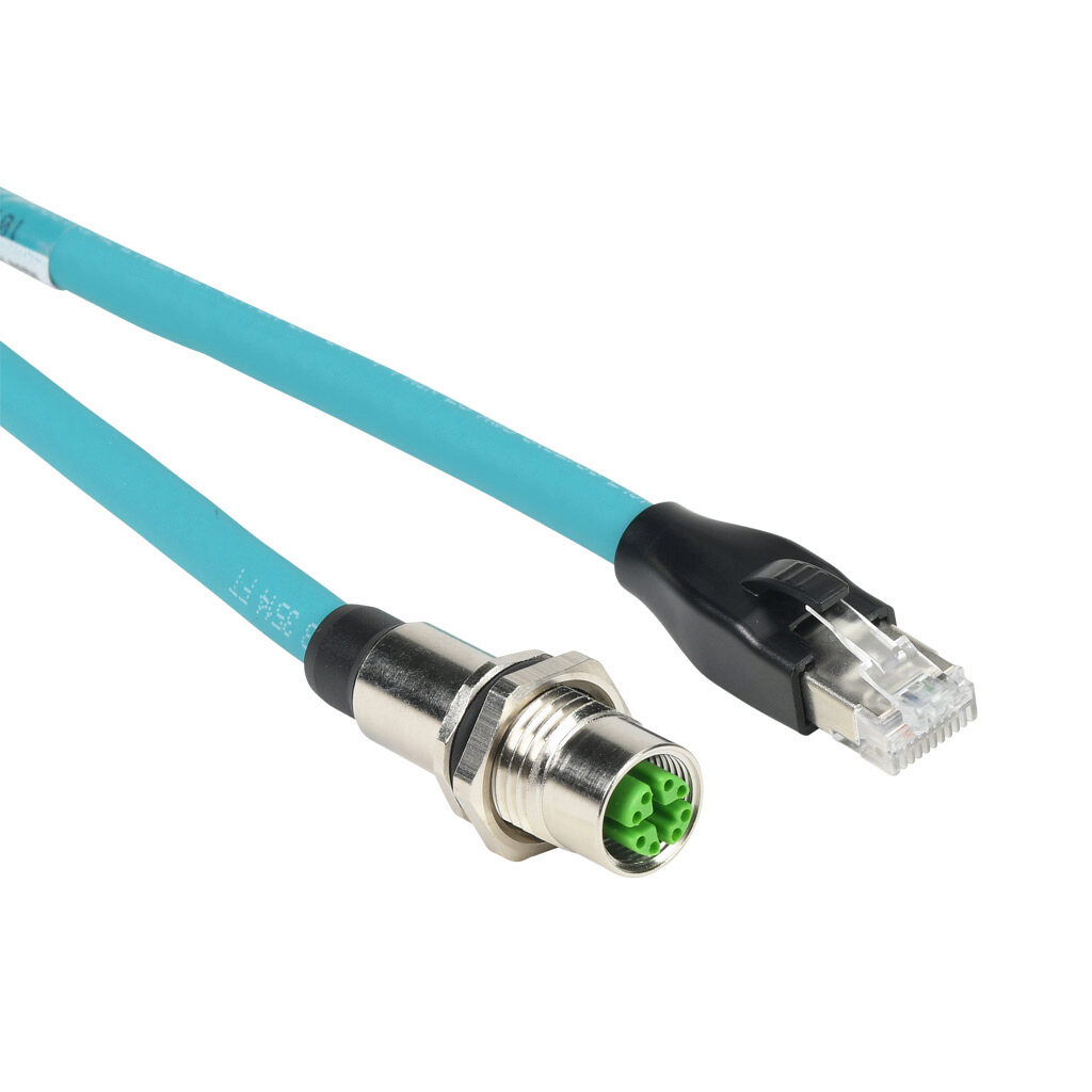 7700-51551-S4X0100 - Murrelektronik Cat6a Ethernet bulkhead connector, M12 axial female X-coded 8-pin to RJ45 axial male 8-pin, shielded, 26 AWG, 3.2ft/1m cable length, HDPE conductor insulation material, IP67 (M12) IP20 (RJ45).