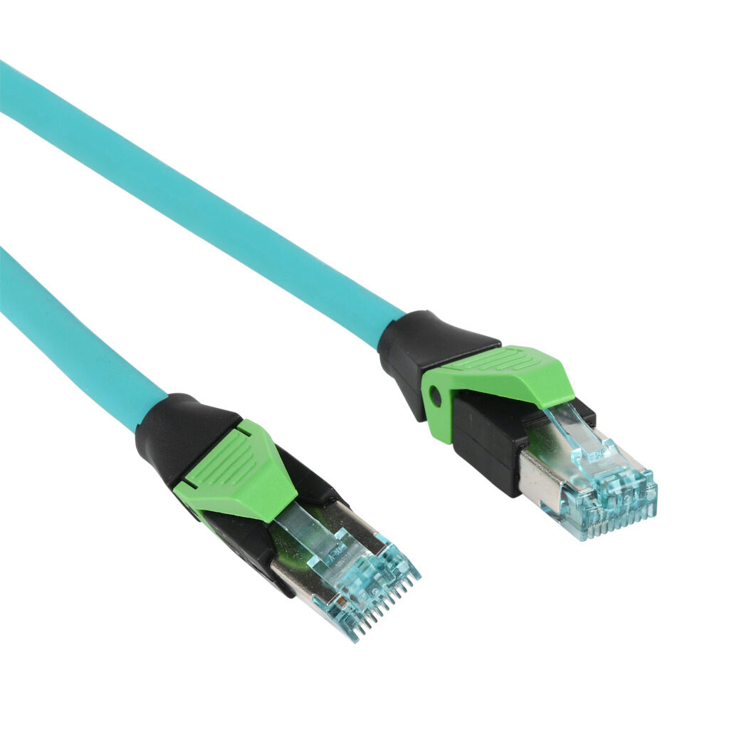 7700-74301-S4U0100 - Murrelektronik Cat5e Ethernet straight-through patch cable, STP (overall foil shield), RJ45 axial male 4-pin to RJ45 axial male 4-pin, 3.2ft/1m cable length, teal. For use with 10/100 Mbps networks.