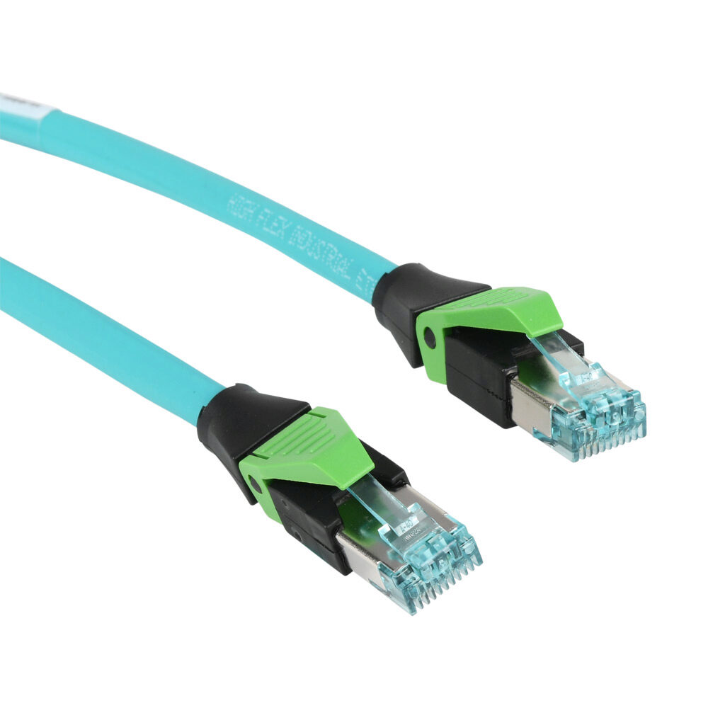 7700-74301-S4U0300 - Murrelektronik Cat5e Ethernet straight-through patch cable, STP (overall foil shield), RJ45 axial male 4-pin to RJ45 axial male 4-pin, 9.8ft/3m cable length, teal. For use with 10/100 Mbps networks.