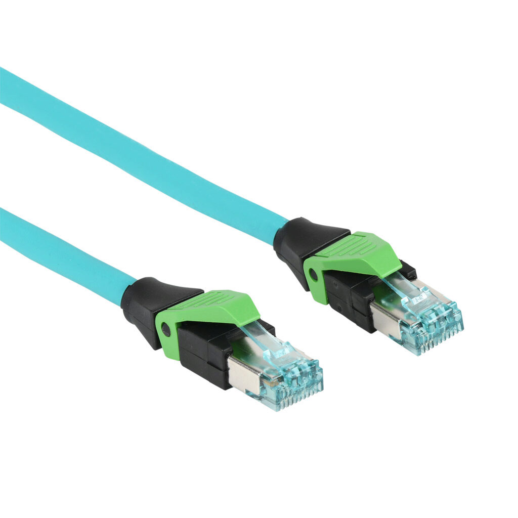 7700-74301-S4U0500 - Murrelektronik Cat5e Ethernet straight-through patch cable, STP (overall foil shield), RJ45 axial male 4-pin to RJ45 axial male 4-pin, 16.4ft/5m cable length, teal. For use with 10/100 Mbps networks.