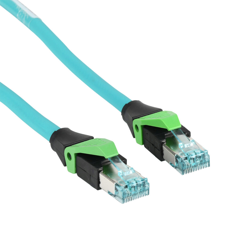 7700-74301-S4U1500 - Murrelektronik Cat5e Ethernet straight-through patch cable, STP (overall foil shield), RJ45 axial male 4-pin to RJ45 axial male 4-pin, 49.2ft/15m cable length, teal. For use with 10/100 Mbps networks.