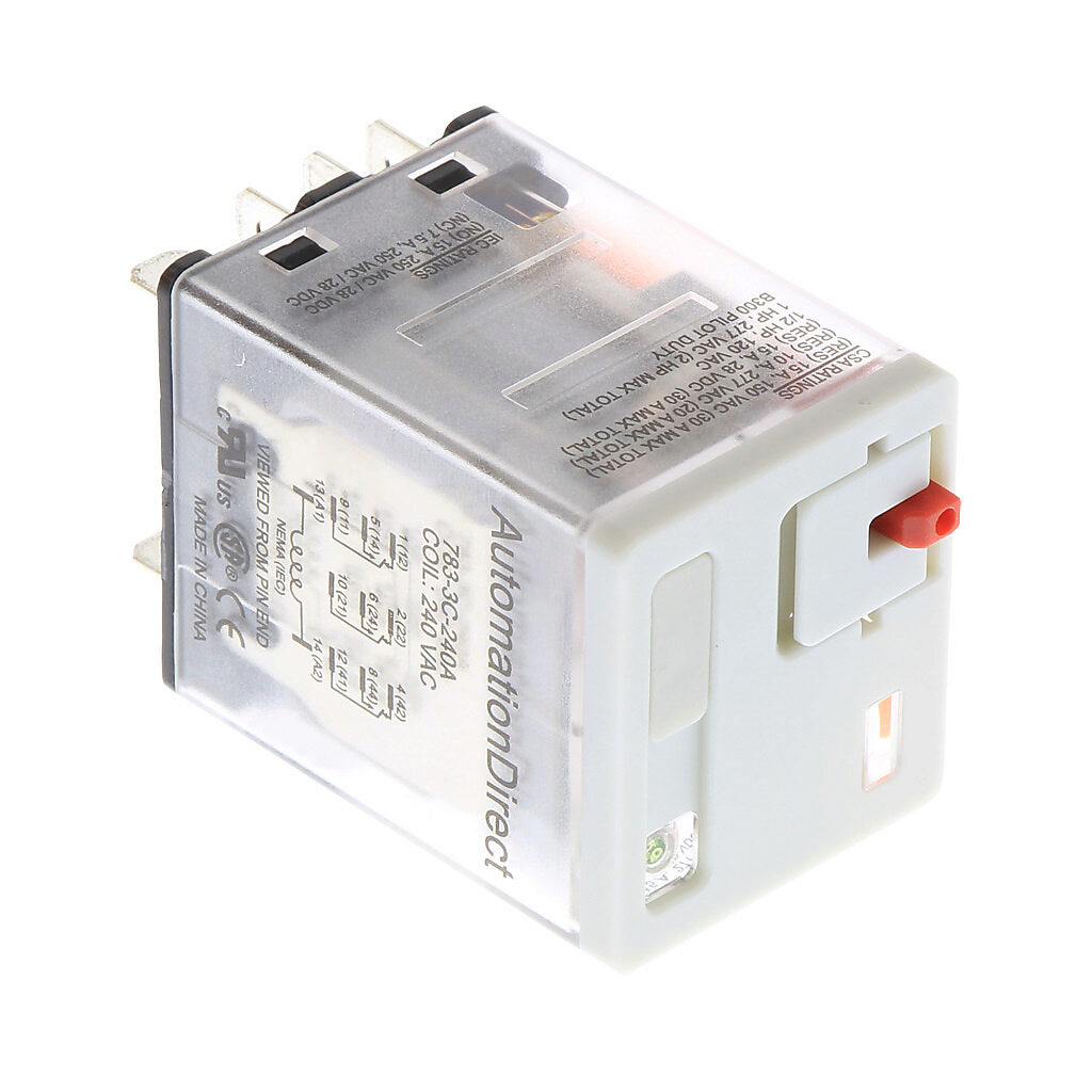 783-3C-240A - AutomationDirect ice cube control relay, socket mount, encapsulated push-to-test, 240 VAC coil voltage, 3PDT, (3) N.O., (3) N.C., 15A contact rating, 11-pin, LED indicator(s). Requires 783-3C-SKT mounting socket.