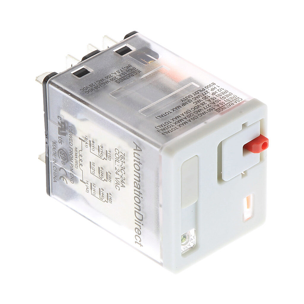 783-3C-24A - AutomationDirect ice cube control relay, socket mount, encapsulated push-to-test, 24 VAC coil voltage, 3PDT, (3) N.O., (3) N.C., 15A contact rating, 11-pin, LED indicator(s). Requires 783-3C-SKT mounting socket.