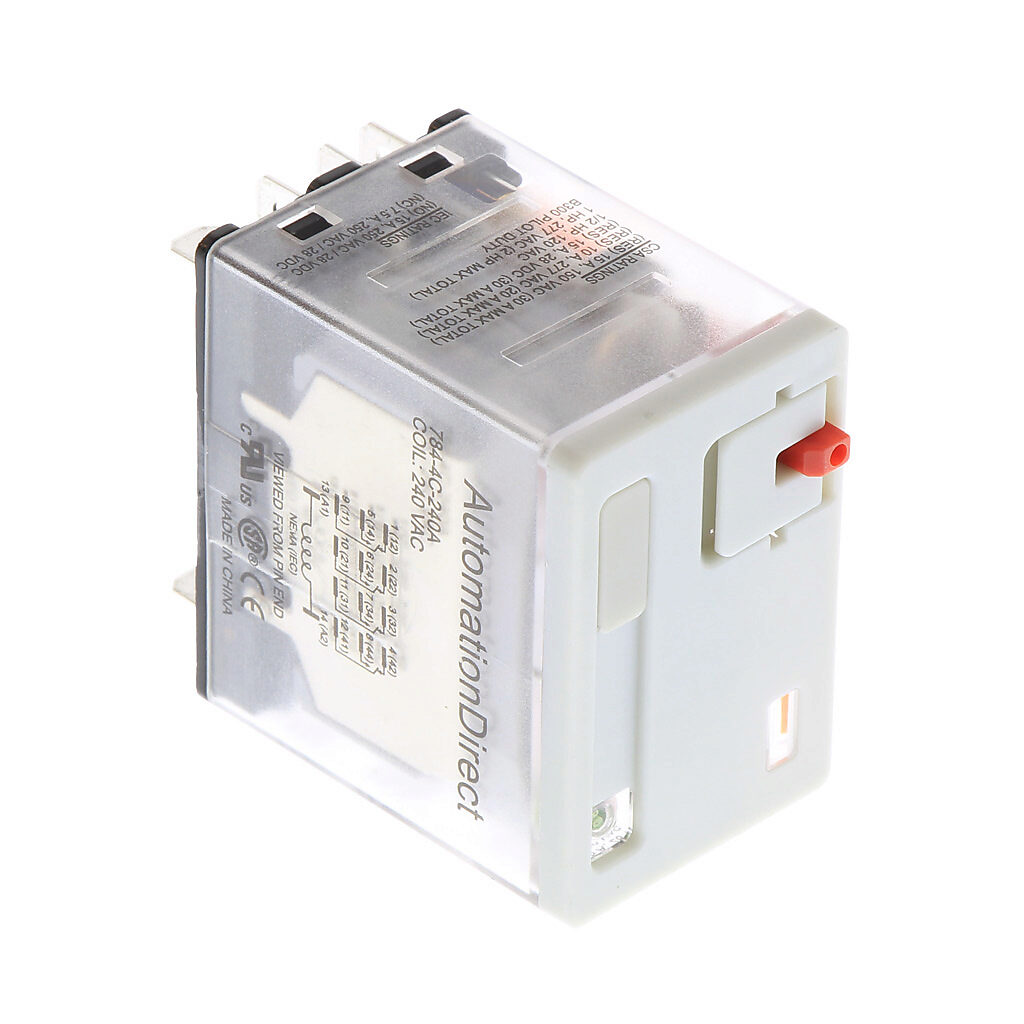 784-4C-240A - AutomationDirect ice cube control relay, socket mount, encapsulated push-to-test, 240 VAC coil voltage, 4PDT, (4) N.O., (4) N.C., 15A contact rating, 14-pin, LED indicator(s). Requires 784-4C-SKT-1 mounting socket.