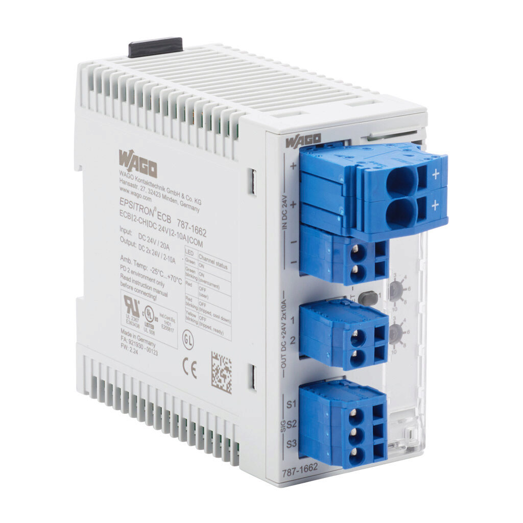 787-1662 - WAGO electronic circuit protector, adjustable 2-10A, 24 VDC, 2 independent channel(s), 35mm DIN rail mount.