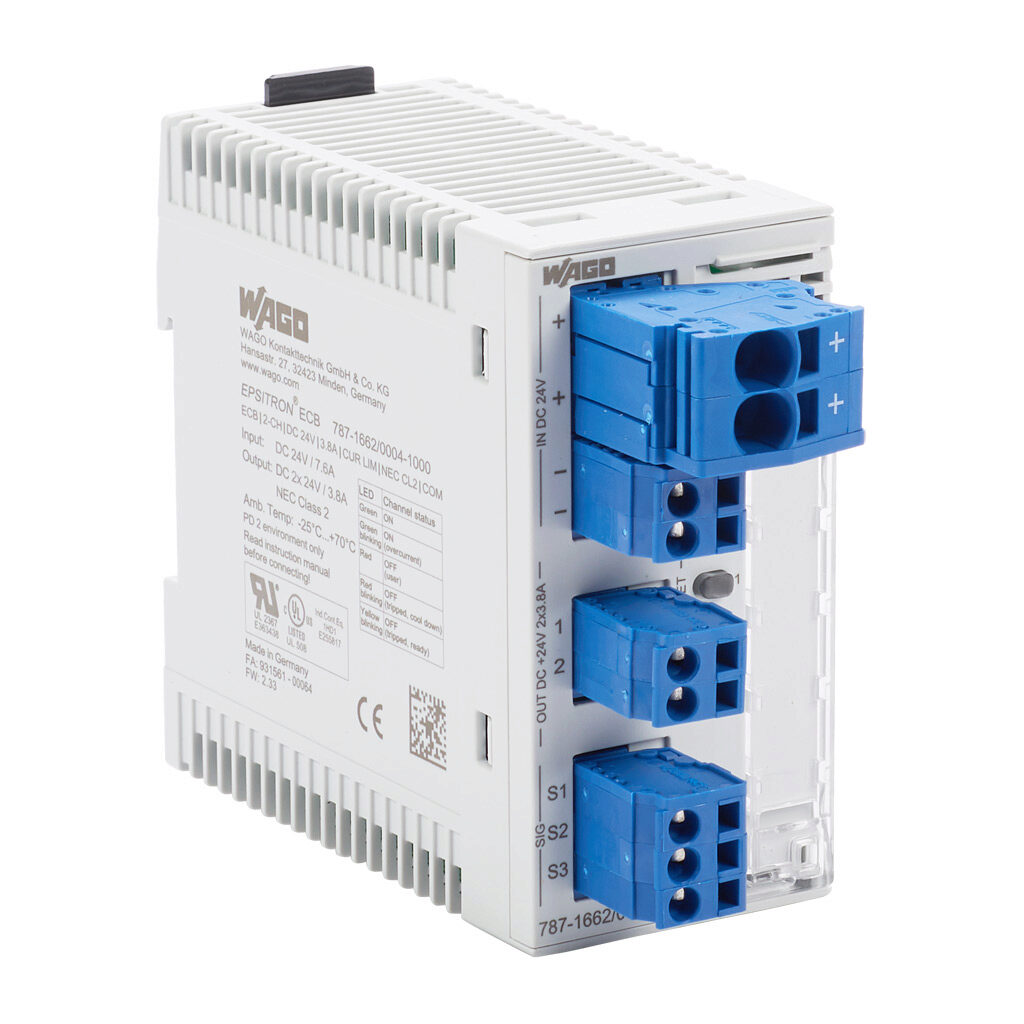 787-1662-004-1000 - WAGO electronic circuit protector, current-limiting, 3.8A, 24 VDC, 2 independent channel(s), NEC Class 2, 35mm DIN rail mount.