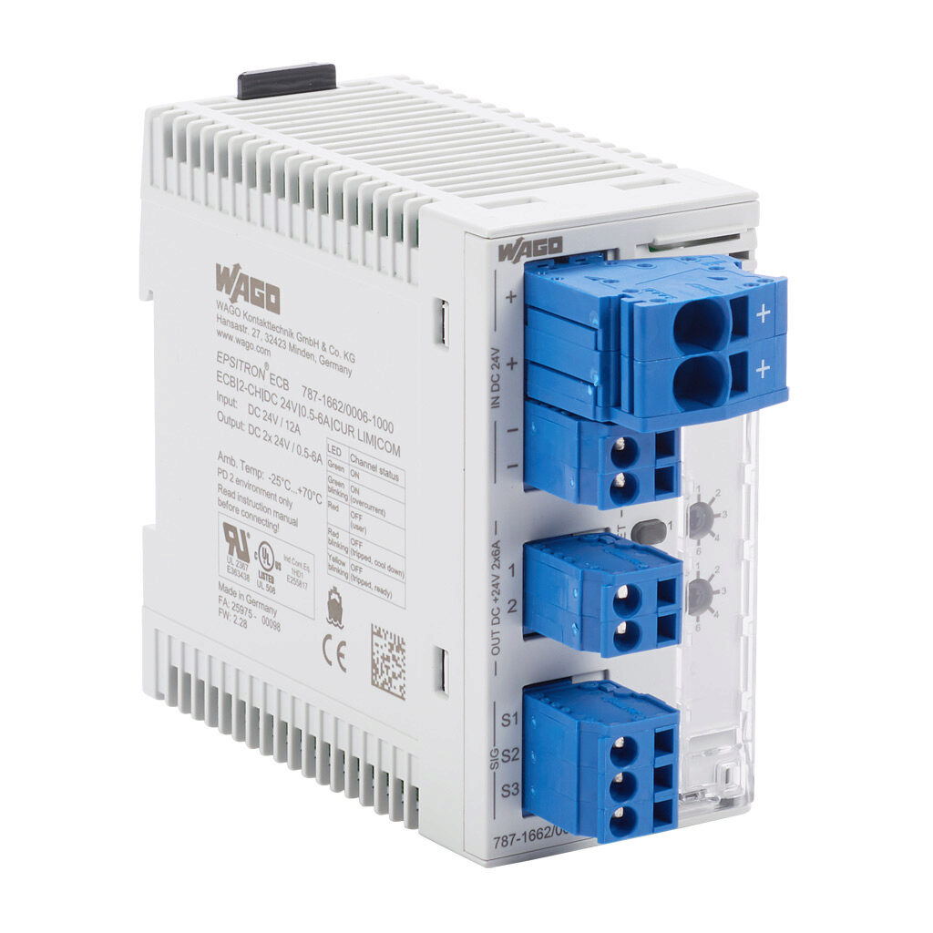 787-1662-006-1000 - WAGO electronic circuit protector, current-limiting, adjustable 0.5-6A, 24 VDC, 2 independent channel(s), 35mm DIN rail mount.