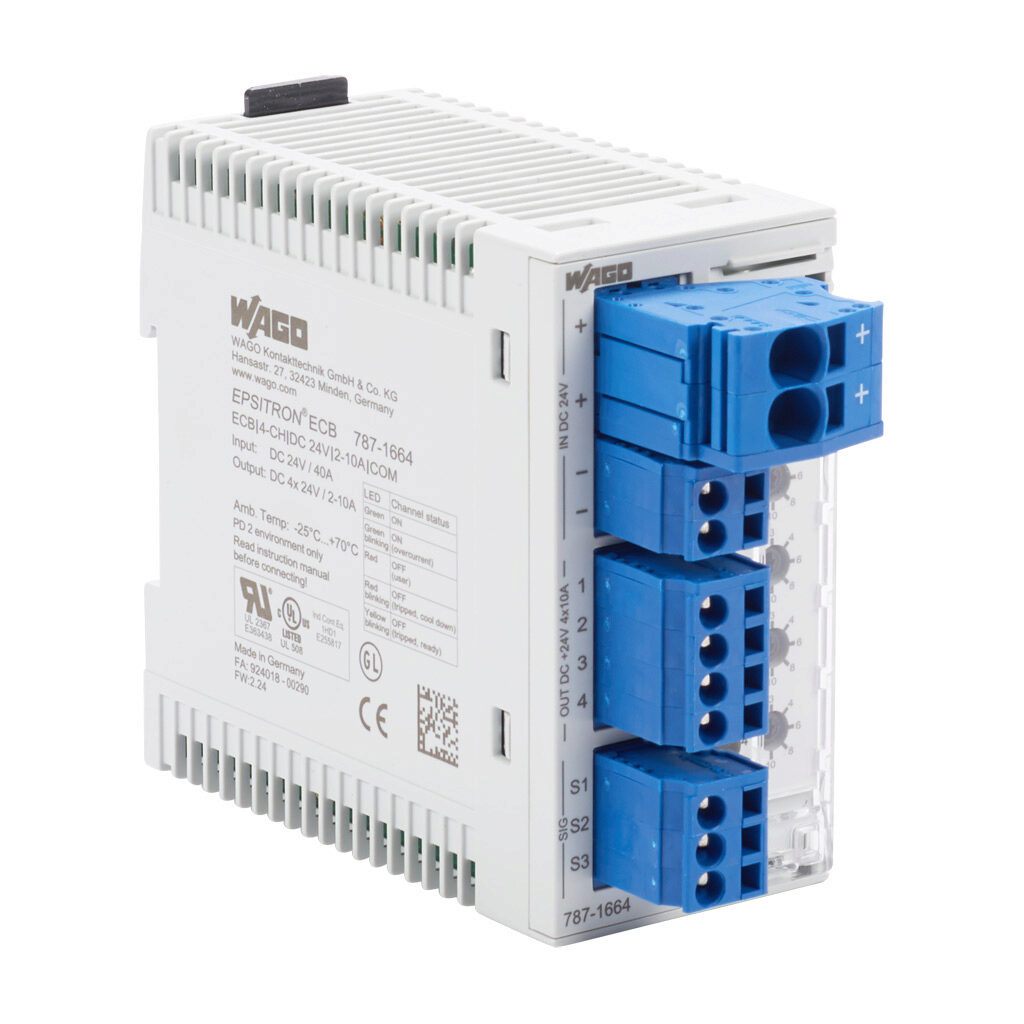 787-1664 - WAGO electronic circuit protector, adjustable 2-10A, 24 VDC, 4 independent channel(s), 35mm DIN rail mount.
