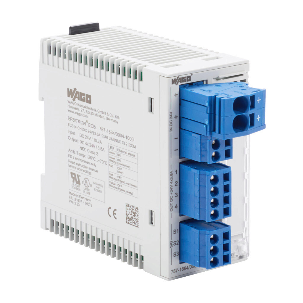 787-1664-004-1000 - WAGO electronic circuit protector, current-limiting, 3.8A, 24 VDC, 4 independent channel(s), NEC Class 2, 35mm DIN rail mount.