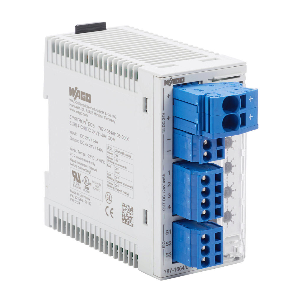 787-1664-106-000 - WAGO electronic circuit protector, adjustable 1-6A, 24 VDC, 4 independent channel(s), 35mm DIN rail mount.