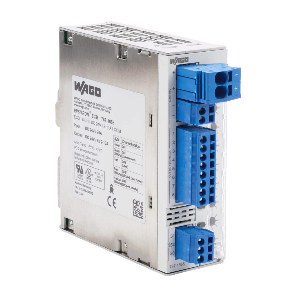 787-1668 - WAGO electronic circuit protector, adjustable 2-10A, 24 VDC, 8 independent channel(s), 35mm DIN rail mount.