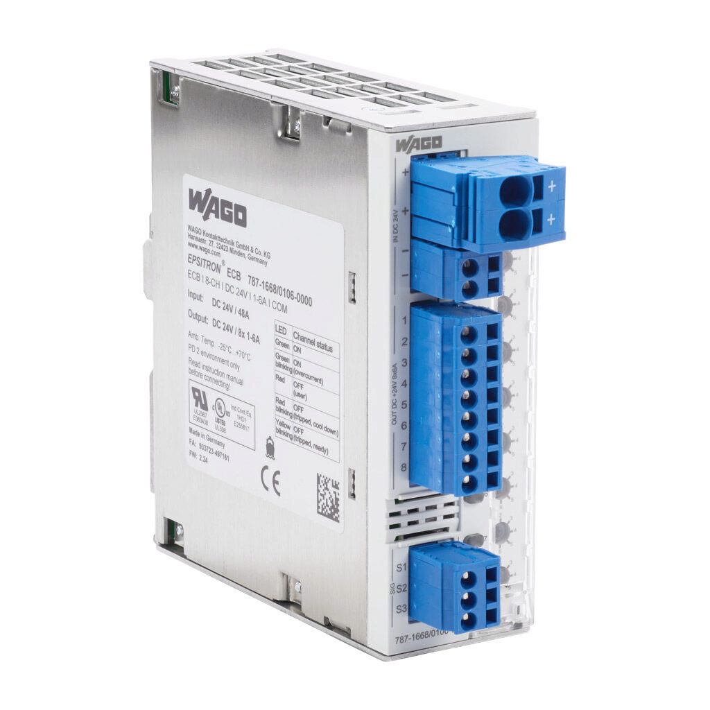 787-1668-106-000 - WAGO electronic circuit protector, adjustable 1-6A, 24 VDC, 8 independent channel(s), 35mm DIN rail mount.