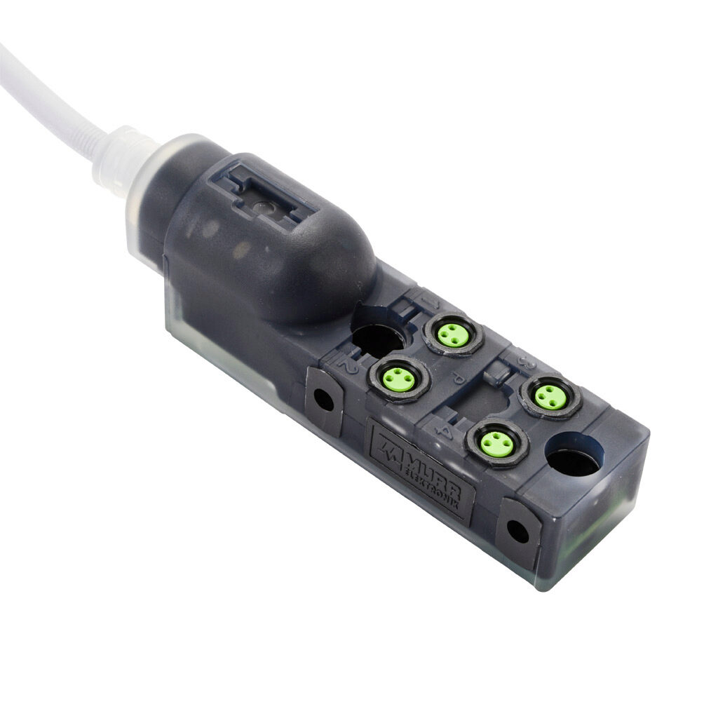 8000-84010-3370500 - Exact 8 passive distribution block, 4 ports, 3-pin M8 sockets, 3-wire, 24 VDC, 2A, power and PNP LED indicator(s), 5m integrated cable, IP67. Marking tags included.