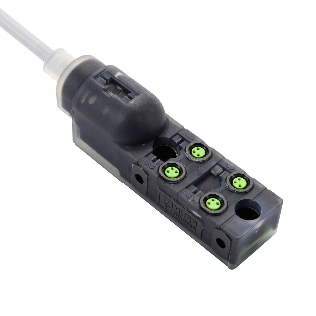 8000-84011-3370500 - Exact 8 passive distribution block, 4 ports, 3-pin M8 sockets, 3-wire, 24 VDC, 2A, power and NPN LED indicator(s), 5m integrated cable, IP67. Marking tags included.