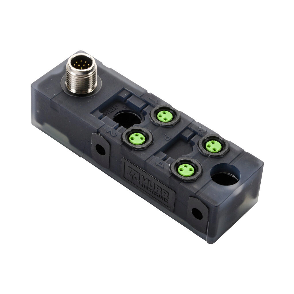 8000-84060-0000000 - Exact 8 passive distribution block, 4 ports, 3-pin M8 sockets, 3-wire, 24 VDC, 1A, power and PNP LED indicator(s), 12-pin M12 quick-disconnect, IP67. Marking tags included.