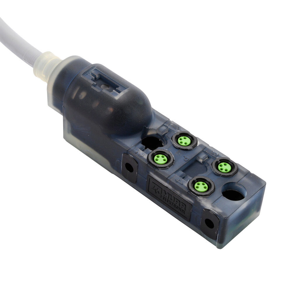 8000-84110-3580500 - Exact 8 passive distribution block, 4 ports, 4-pin M8 sockets, 4-wire, 24 VDC, 2A, power and PNP LED indicator(s), 5m integrated cable, IP67. Marking tags included.