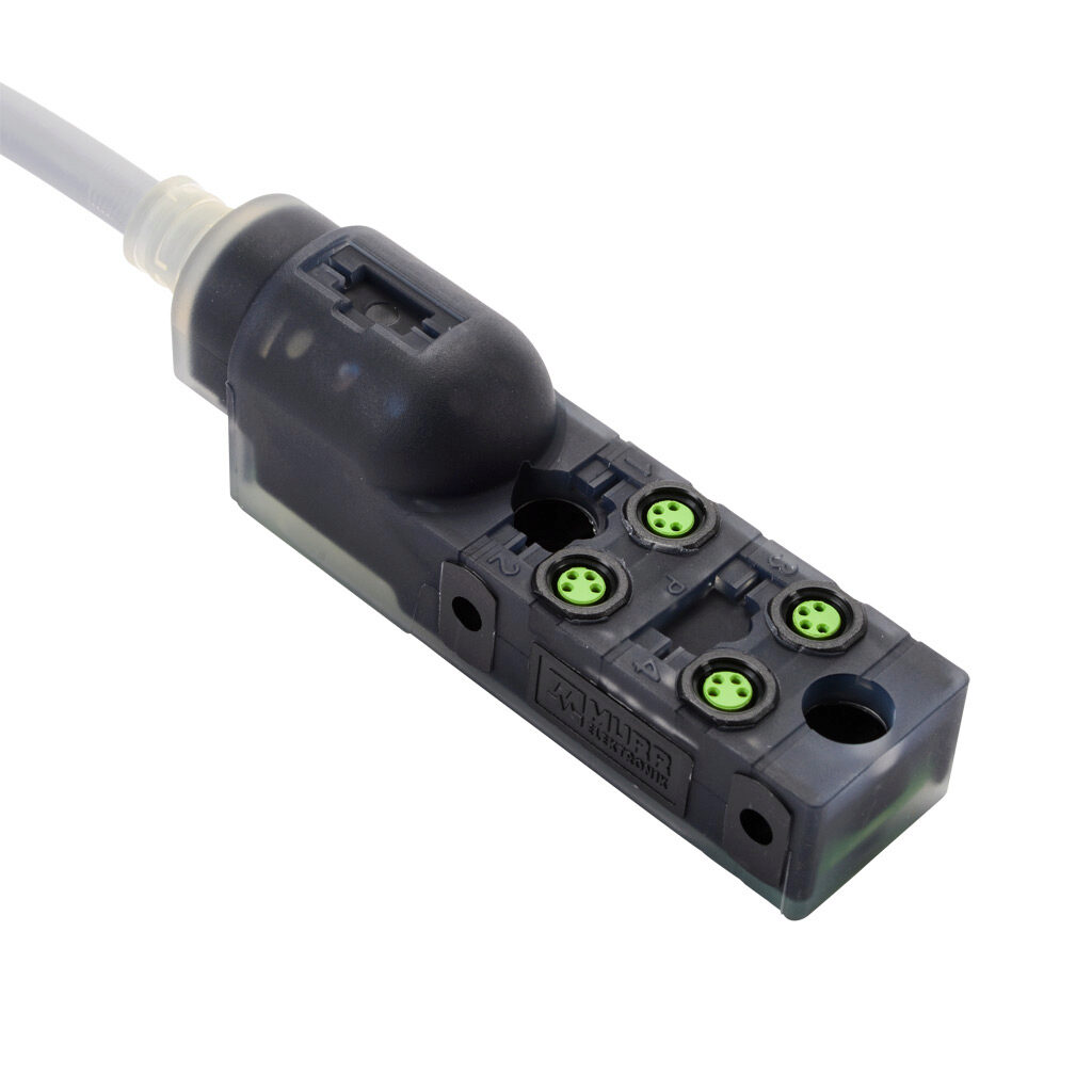 8000-84111-3580500 - Exact 8 passive distribution block, 4 ports, 4-pin M8 sockets, 4-wire, 24 VDC, 2A, power and NPN LED indicator(s), 5m integrated cable, IP67. Marking tags included.
