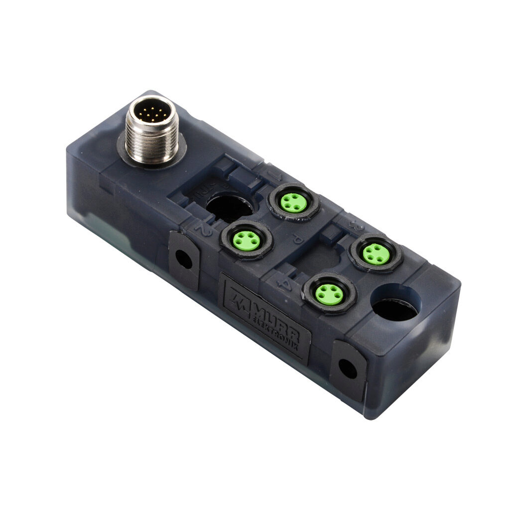 8000-84160-0000000 - Exact 8 passive distribution block, 4 ports, 4-pin M8 sockets, 4-wire, 24 VDC, 1A, power and PNP LED indicator(s), 12-pin M12 quick-disconnect, IP67. Marking tags included.