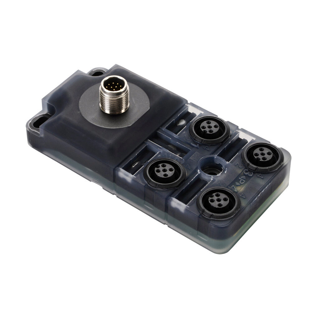 8000-84560-0000000 - Exact 12 passive distribution block, 4 ports, 5-pin M12 sockets, 5-wire, 24 VDC, 1A, power and PNP LED indicator(s), 12-pin M12 quick-disconnect, IP67. Marking tags included.