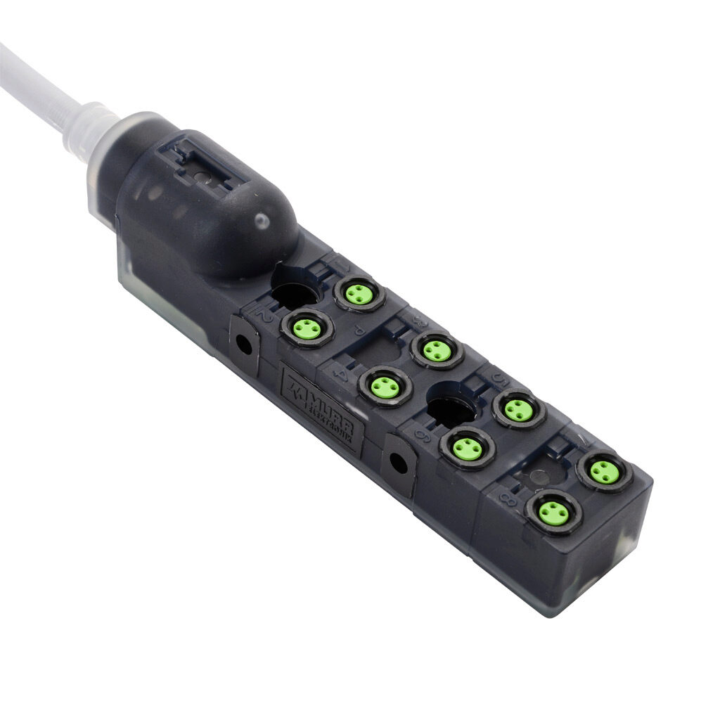 8000-88010-3570500 - Exact 8 passive distribution block, 8 ports, 3-pin M8 sockets, 3-wire, 24 VDC, 2A, power and PNP LED indicator(s), 5m integrated cable, IP67. Marking tags included.