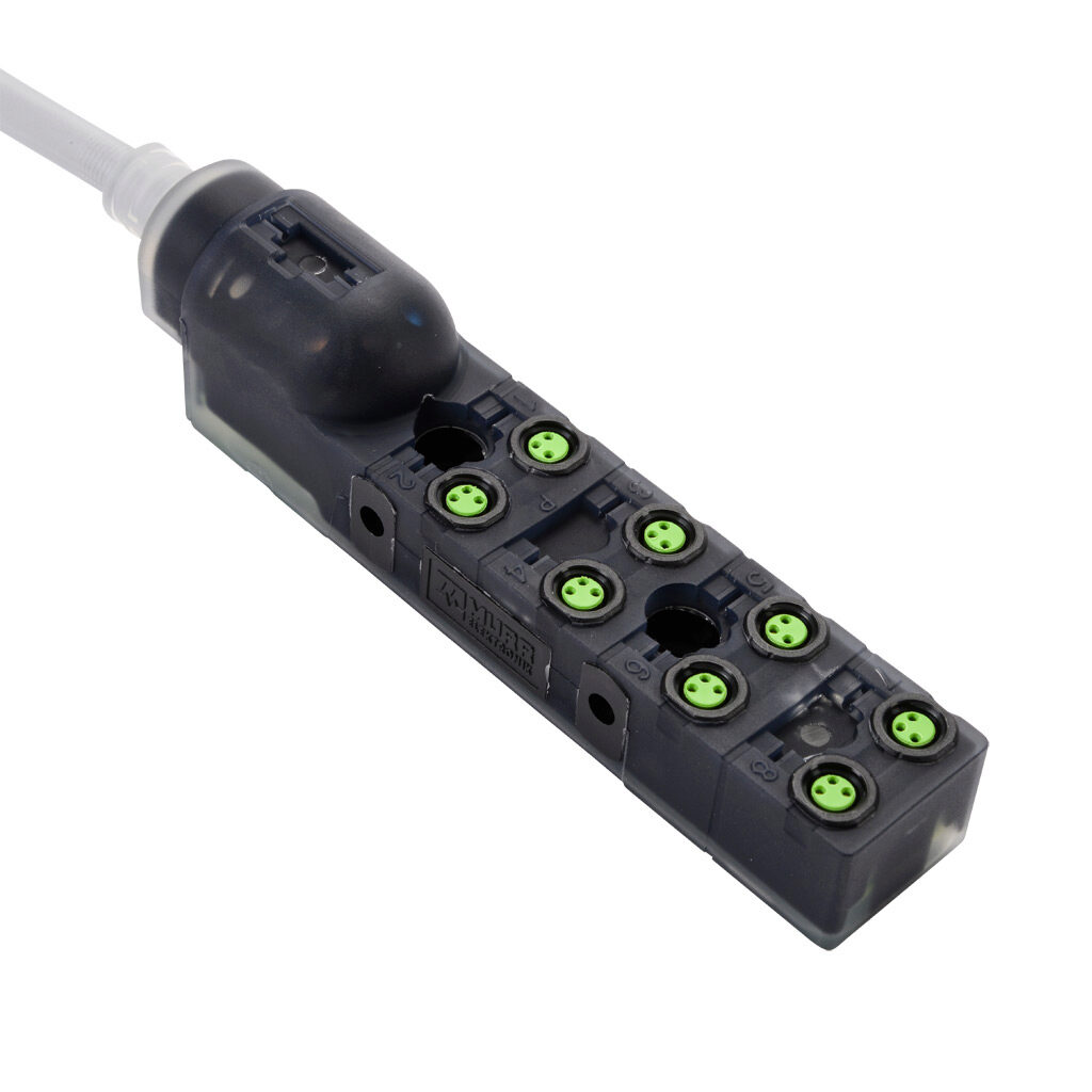 8000-88011-3570500 - Exact 8 passive distribution block, 8 ports, 3-pin M8 sockets, 3-wire, 24 VDC, 2A, power and NPN LED indicator(s), 5m integrated cable, IP67. Marking tags included.