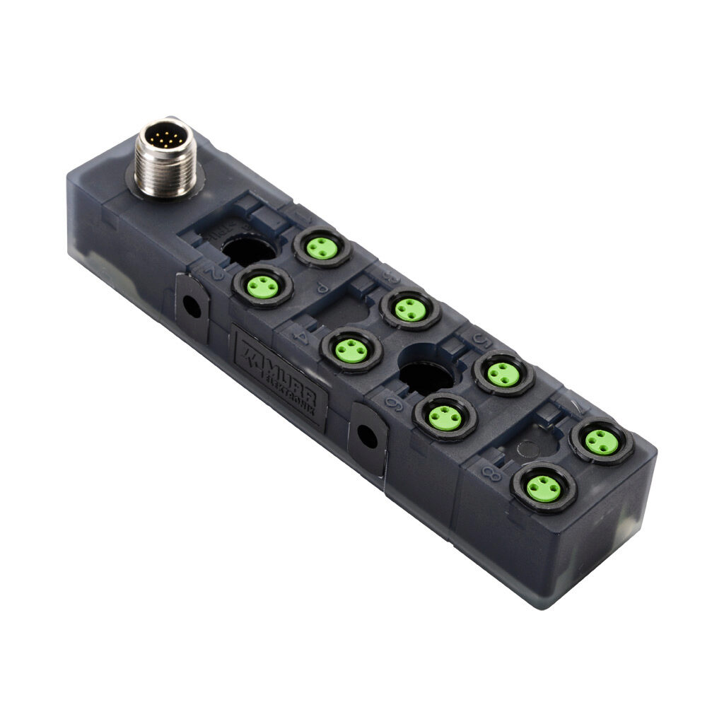 8000-88060-0000000 - Exact 8 passive distribution block, 8 ports, 3-pin M8 sockets, 3-wire, 24 VDC, 1A, power and PNP LED indicator(s), 12-pin M12 quick-disconnect, IP67. Marking tags included.