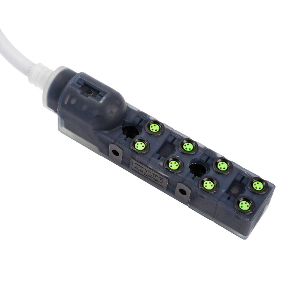 8000-88110-3950500 - Exact 8 passive distribution block, 8 ports, 4-pin M8 sockets, 4-wire, 24 VDC, 2A, power and PNP LED indicator(s), 5m integrated cable, IP67. Marking tags included.