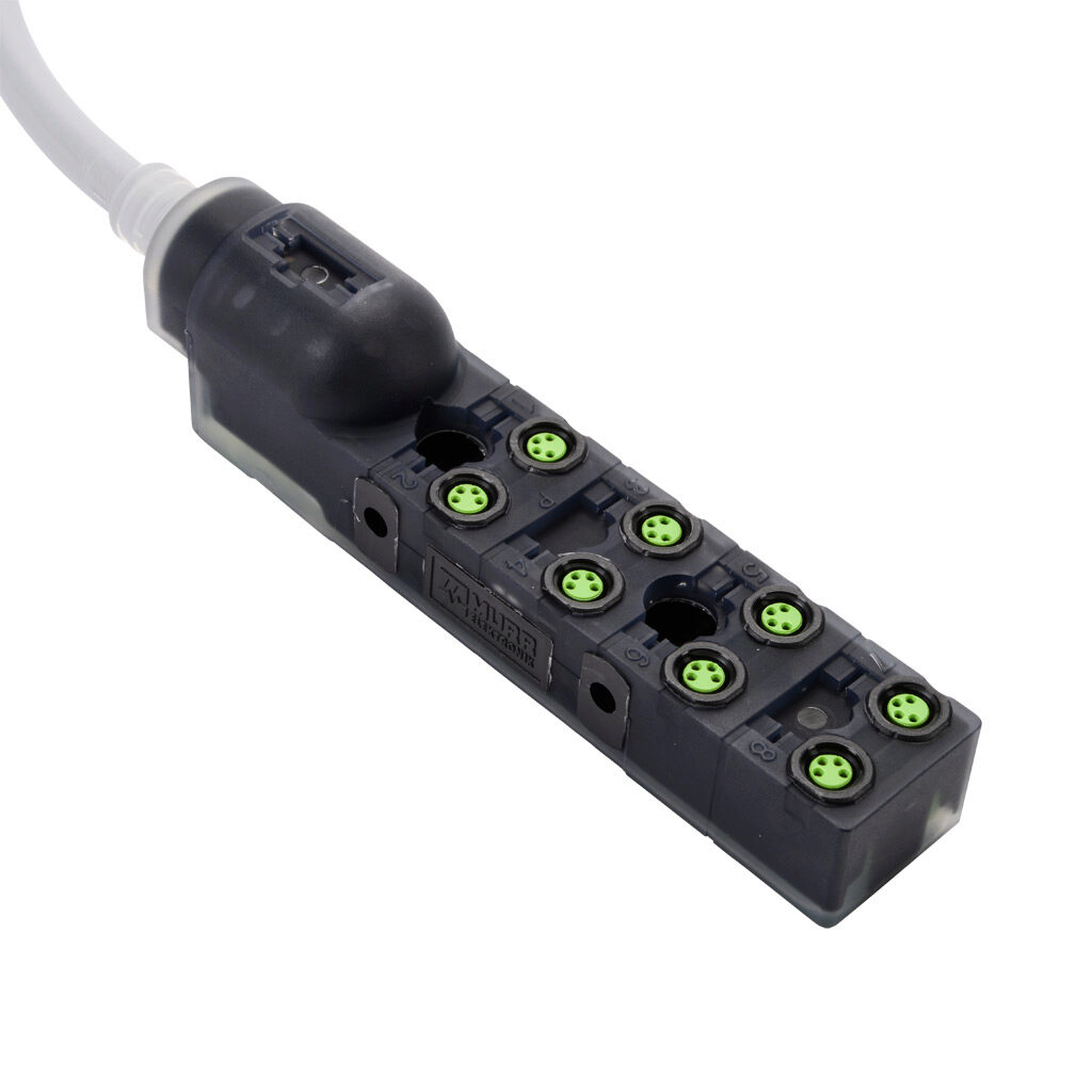 8000-88111-3950500 - Exact 8 passive distribution block, 8 ports, 4-pin M8 sockets, 4-wire, 24 VDC, 2A, power and NPN LED indicator(s), 5m integrated cable, IP67. Marking tags included.