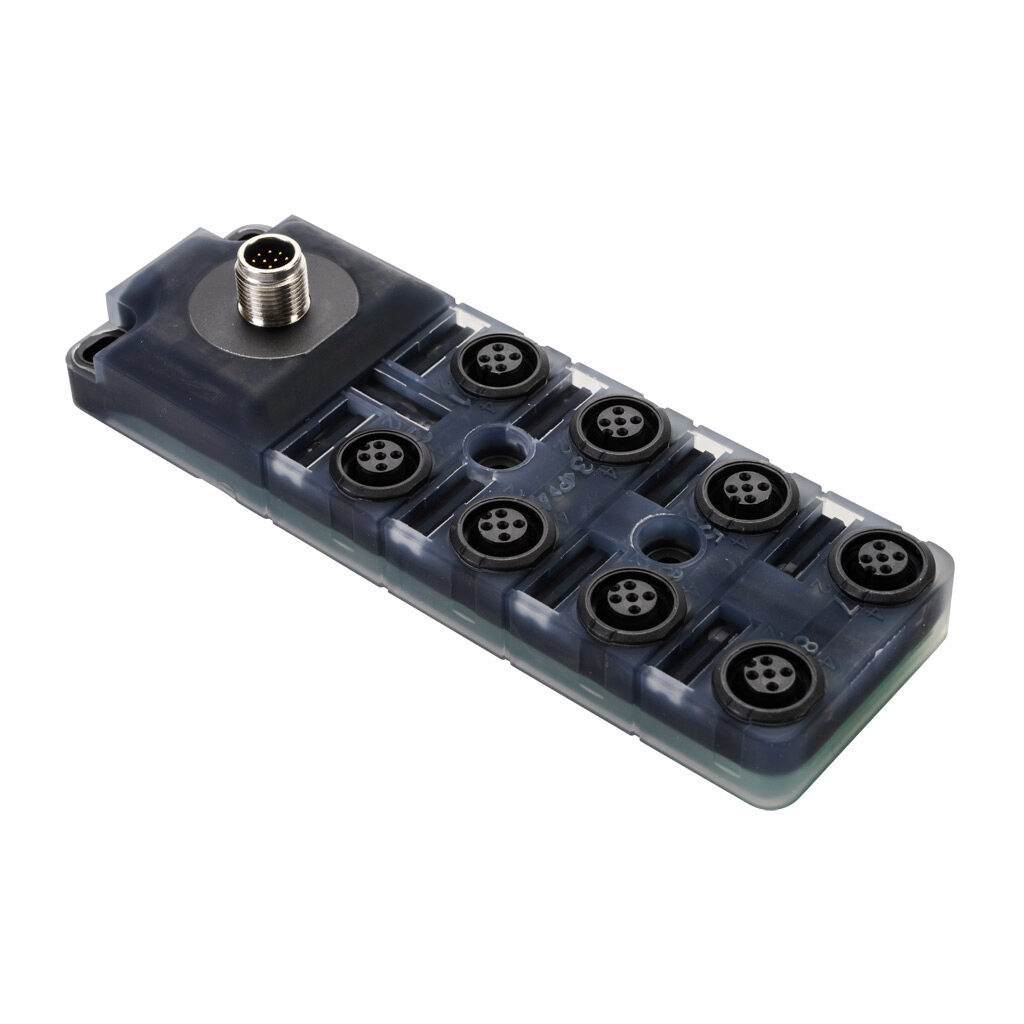 8000-88460-0000000 - Exact 12 passive distribution block, 8 ports, 5-pin M12 sockets, (2) 5-wire and (6) 4-wire, 24 VDC, 1A, power and PNP LED indicator(s), 12-pin M12 quick-disconnect, IP67. Marking tags included.