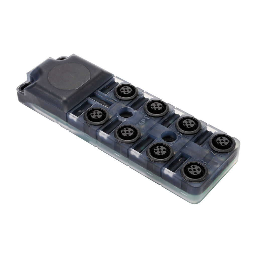 8000-88590-0000000 - Exact 12 passive distribution block, 8 ports, 5-pin M12 sockets, 5-wire, 24 VDC, 4A, power and PNP LED indicator(s), panel mount plug in, IP67. Terminal blocks and marking tags included.